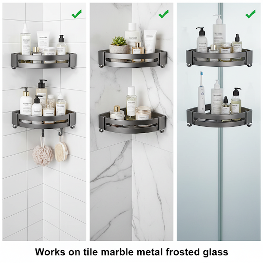 Corner shower organizer compatible with tile, marble, metal and frosted glass for damage free adhesive installation