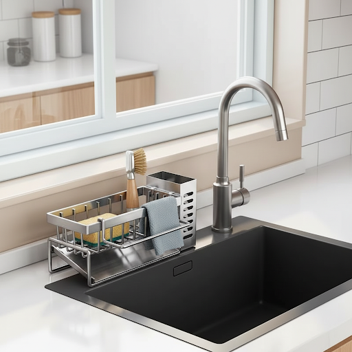CleanSink™ Organizer stainless steel kitchen sink caddy installed beside the sink with sponge holder, brush holder and dishcloth storage