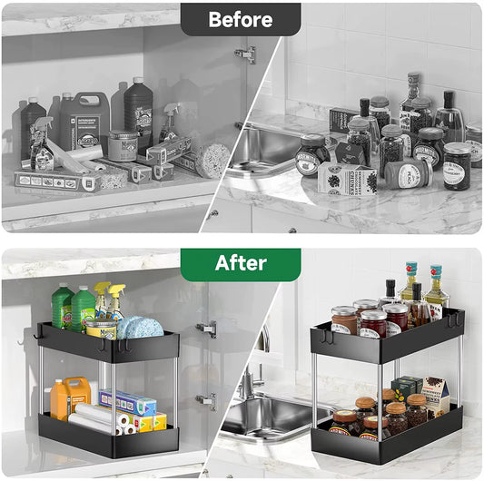 Under Sink Storage Organizer – 2 Tier Adjustable Shelf