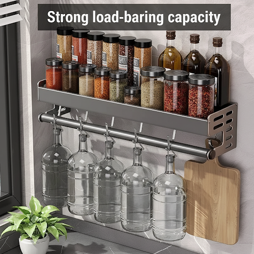 Heavy duty wall mounted kitchen organizer with large storage capacity for spices, bottles, cookware and kitchen accessories