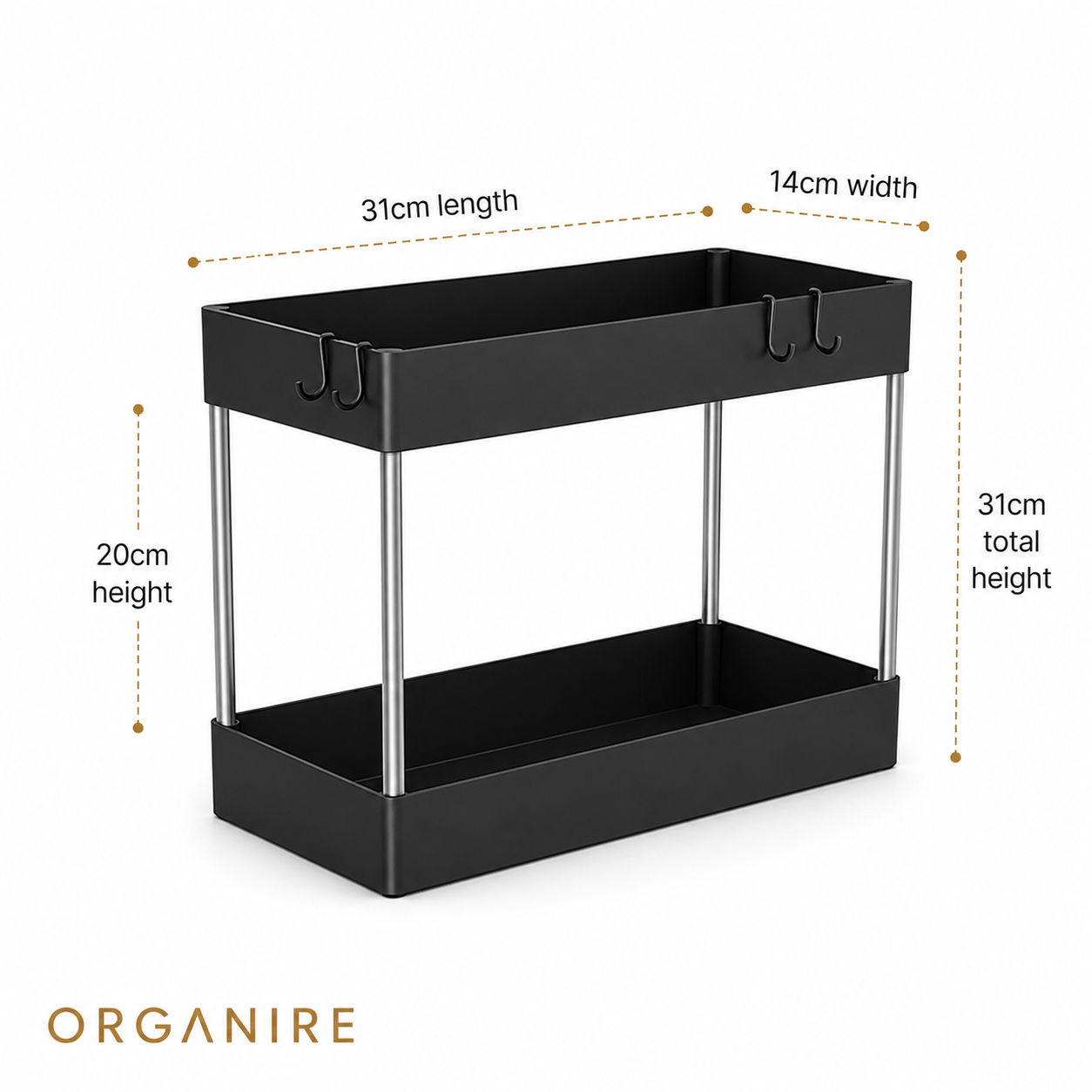 Two-tier under sink storage organizer dimensions, 31 cm length, 14 cm width and 31 cm total height for kitchen and bathroom cabinet storage