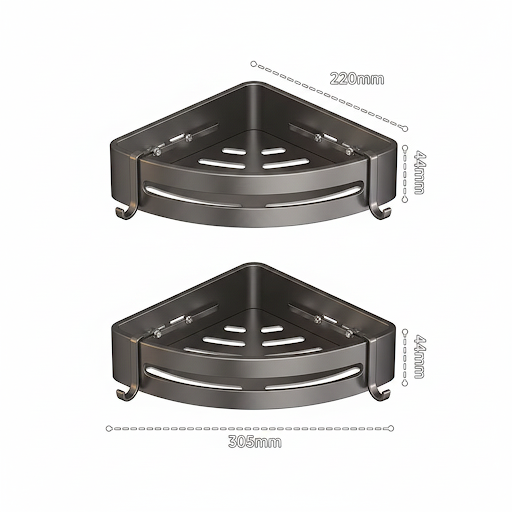 Stainless steel adhesive corner shower shelf dimensions with upper shelf 220 mm, lower shelf 305 mm and 44 mm height for bathroom storage