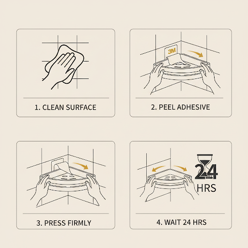 4-step installation guide for adhesive corner shower shelf showing surface cleaning, adhesive application, firm pressing and 24-hour curing time