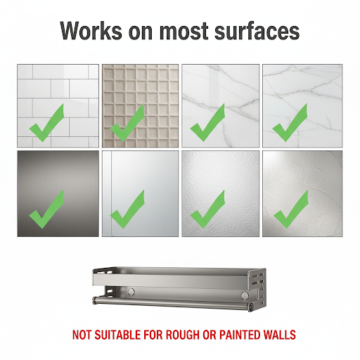 Kitchen organizer adhesive mounting compatibility guide for tile marble glass metal and smooth wall surfaces