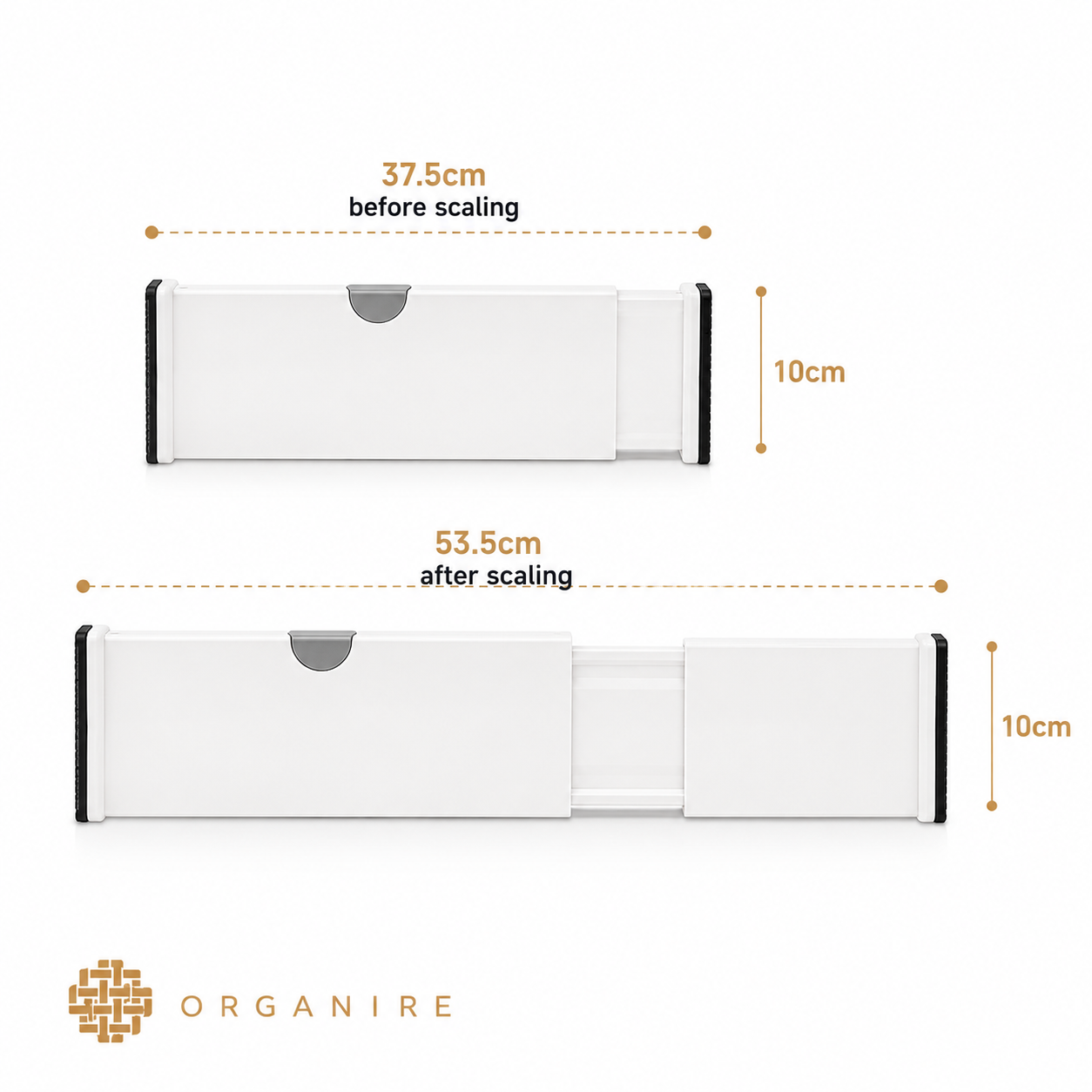 Expandable Adjustable Drawer Divider extending from 37.5 cm to 53.5 cm for drawer organization and custom storage