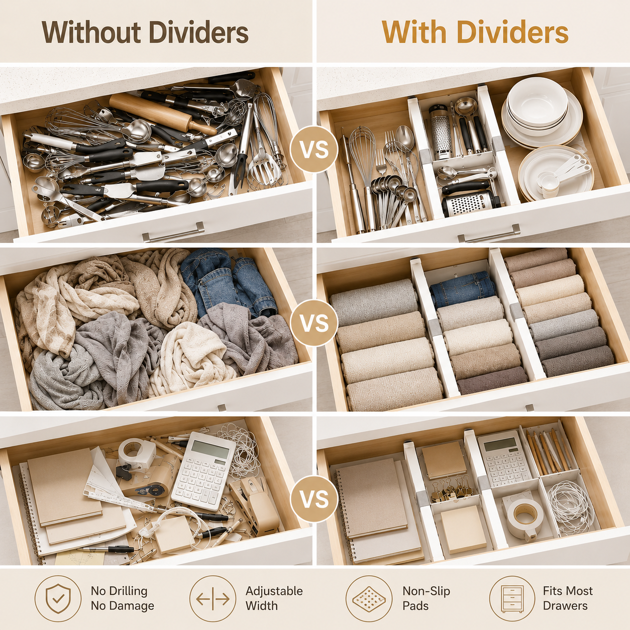 Adjustable Drawer Divider before and after organization comparison for kitchen drawers, clothing storage and office accessories