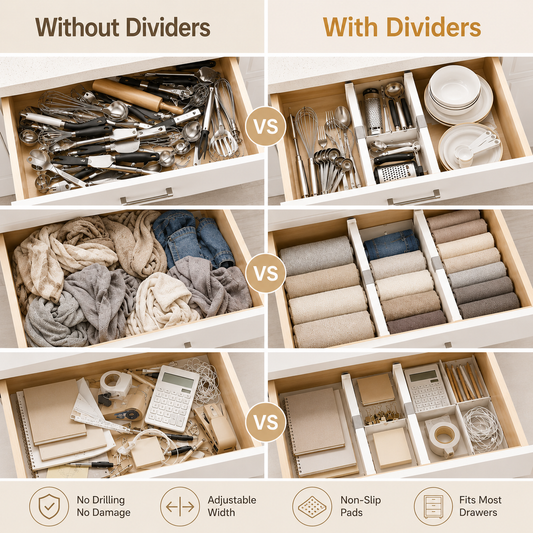 Adjustable Drawer Divider before and after organization comparison for kitchen drawers, clothing storage and office accessories