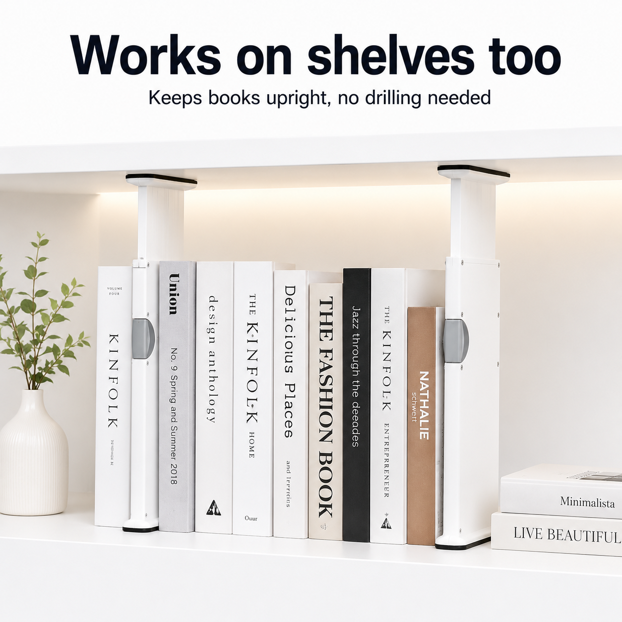 Adjustable Drawer Divider for bookshelf organization keeping books upright and securely separated without drilling