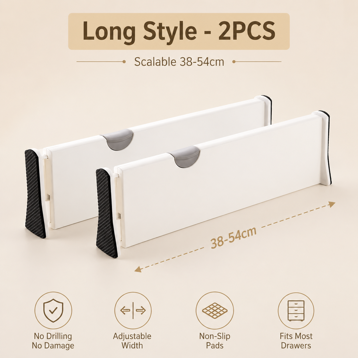 Adjustable drawer divider long style 2 pack expandable 38-54 cm for kitchen drawers, dresser drawers and office organization