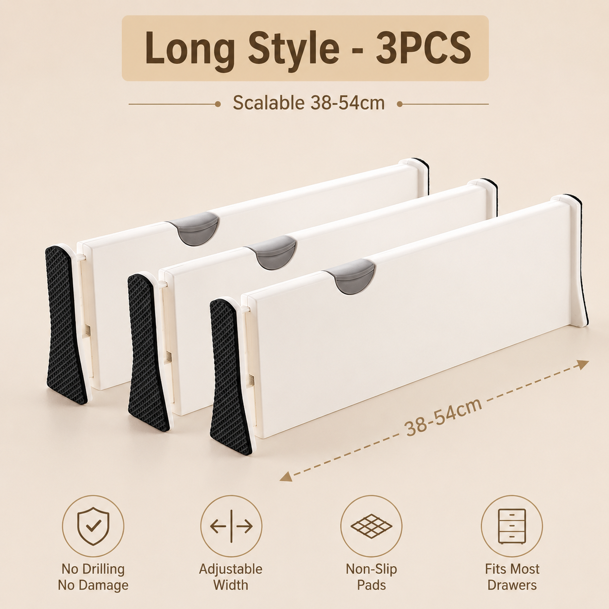 Adjustable drawer divider long style 3 pack expandable 38-54 cm for kitchen drawers, dresser drawers and office organization