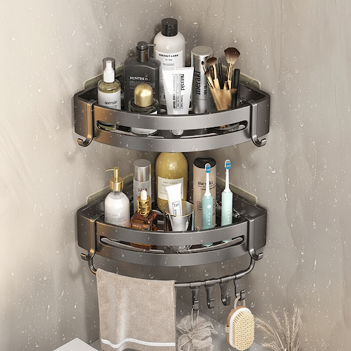 Waterproof corner shower organizer with two tier storage shelves and hooks for bathroom essentials