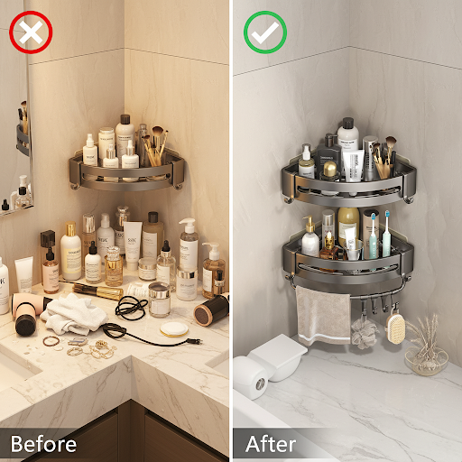 Bathroom organization before and after with corner shower caddy creating more storage space and reducing countertop clutter