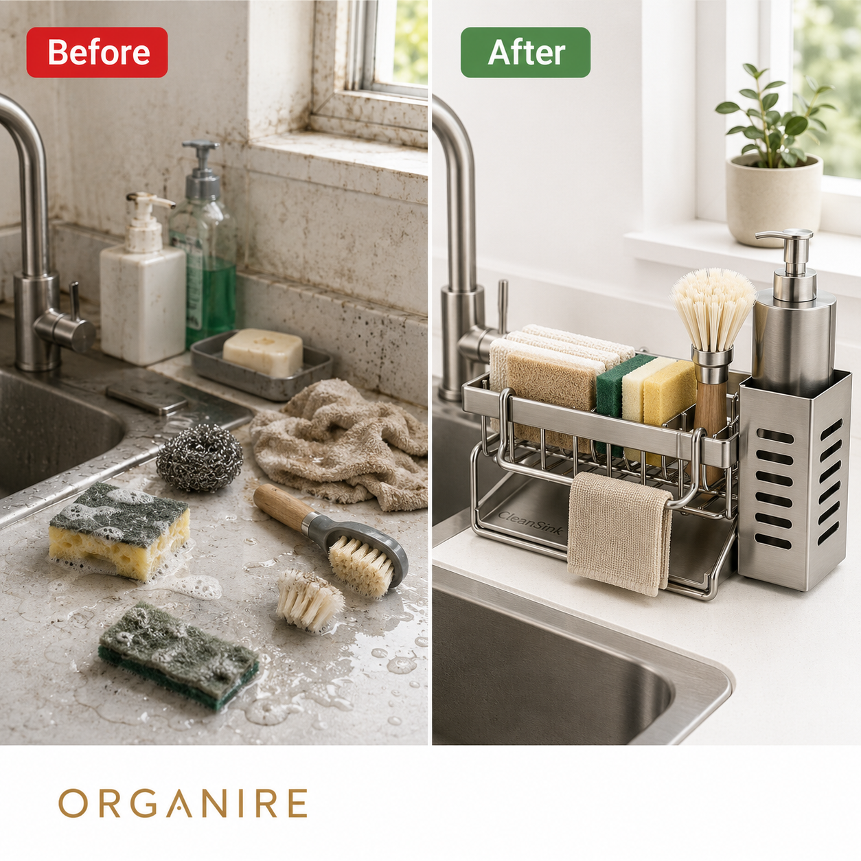 CleanSink™ Organizer before and after comparison showing an organized kitchen sink area with sponge holder, brush storage and dishwashing essentials