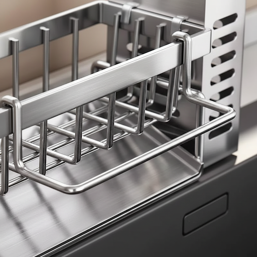 Close-up of CleanSink™ Organizer stainless steel sink caddy showing premium build quality and durable kitchen storage design