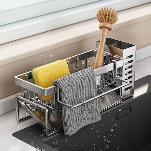 CleanSink™ Organizer stainless steel kitchen sink caddy with sponge holder, dishcloth bar and brush storage