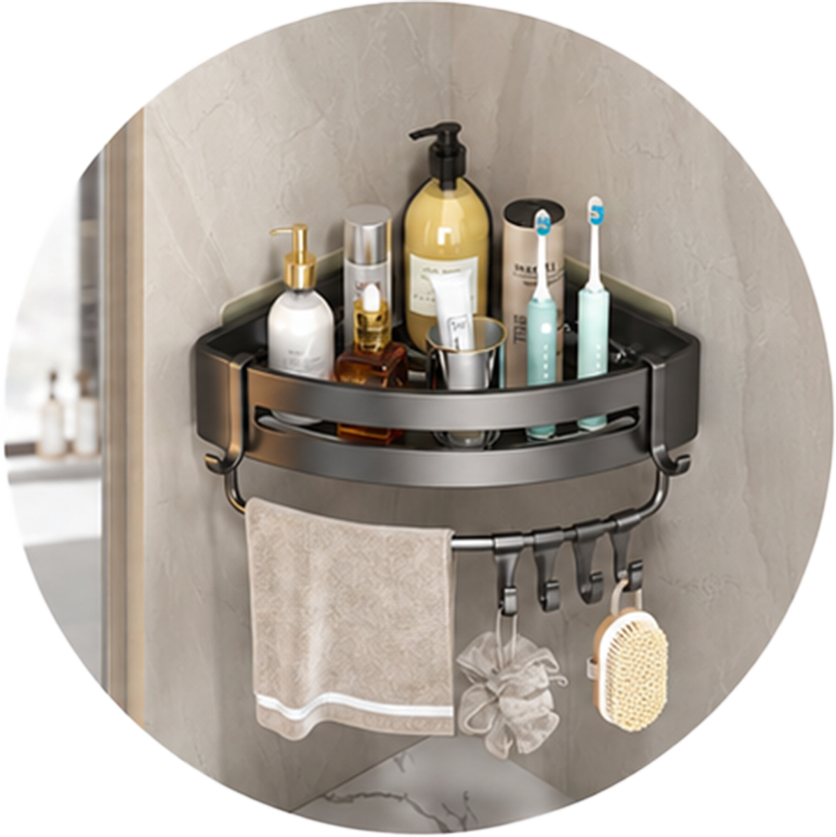 Corner shower organizer with towel holder and hooks providing space-saving bathroom storage for toiletries, toothbrushes and daily essentials