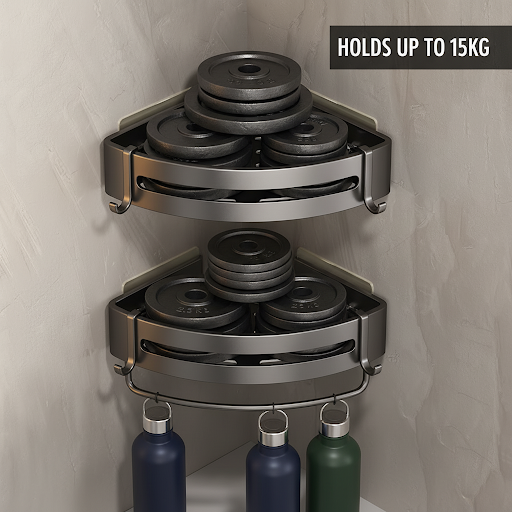 Strong adhesive corner shower organizer with 15kg load capacity for storing bottles, toiletries and bathroom essentials