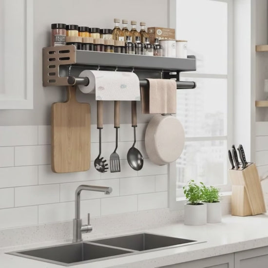 Wall mounted SmartShelf Space Saving Organizer with spice rack, paper towel holder and kitchen utensil storage for space saving organization
