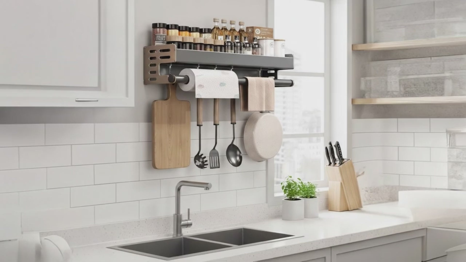 Wall mounted SmartShelf Space Saving Organizer with spice rack, paper towel holder and kitchen utensil storage for space saving organization