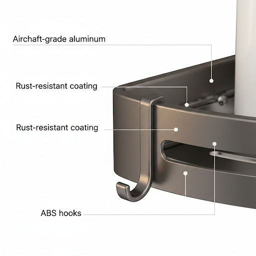 Rustproof aluminum corner shower organizer with durable ABS hooks and corrosion-resistant finish for long-lasting bathroom storage