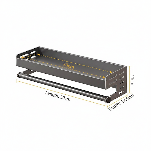 Wall mounted kitchen organizer size guide with 50 cm length, 13.5 cm depth and 11 cm height dimensions