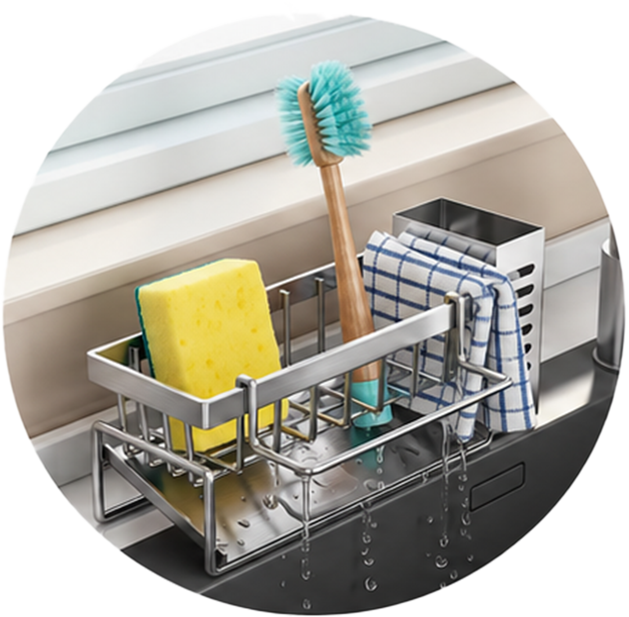 Stainless steel kitchen sink organizer with sponge holder, brush compartment, dishcloth bar and self-draining tray
