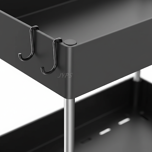 Close-up of a black two-tier storage organizer featuring removable side hooks for towels, brushes and bathroom accessories