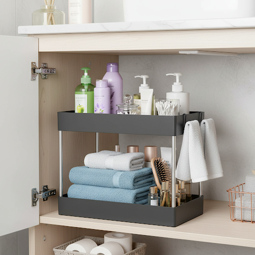 Black two-tier under sink storage organizer for bathroom cabinets, keeping towels, toiletries and beauty products neatly organized