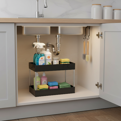 Black under sink storage organizer for kitchen cabinets, organizing cleaning products, sponges, brushes and household essentials