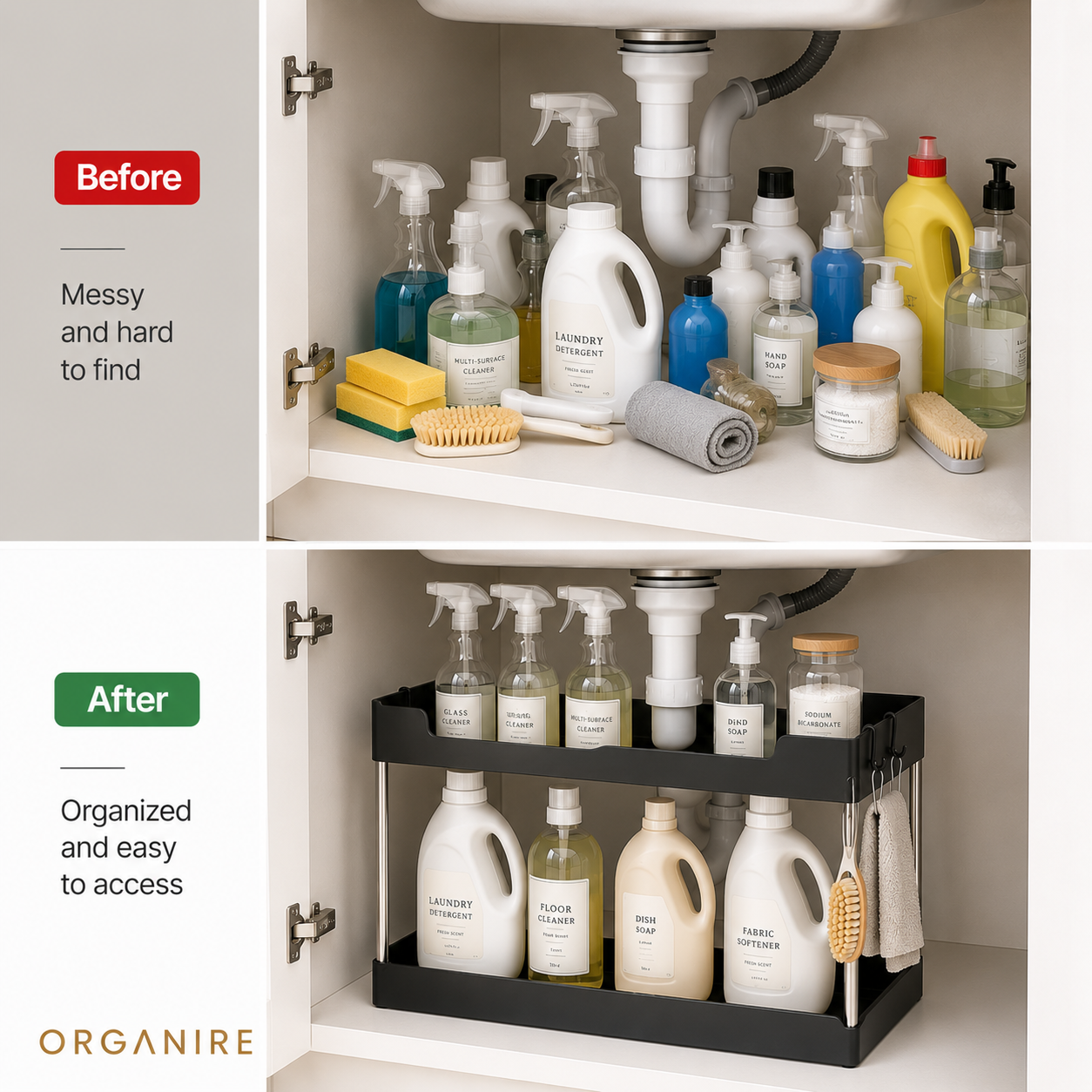Before and after under sink organization using a two-tier sliding storage organizer for cleaning supplies and household products