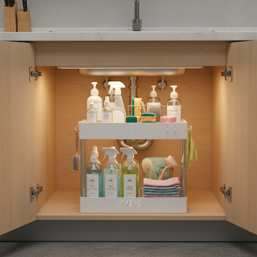Two-tier under sink storage organizer for kitchen cabinets, organizing cleaning products, brushes, sponges and household essentials