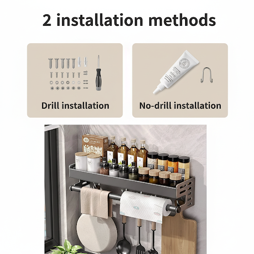 Wall mounted kitchen organizer with drill and no drill installation options for easy kitchen storage setup
