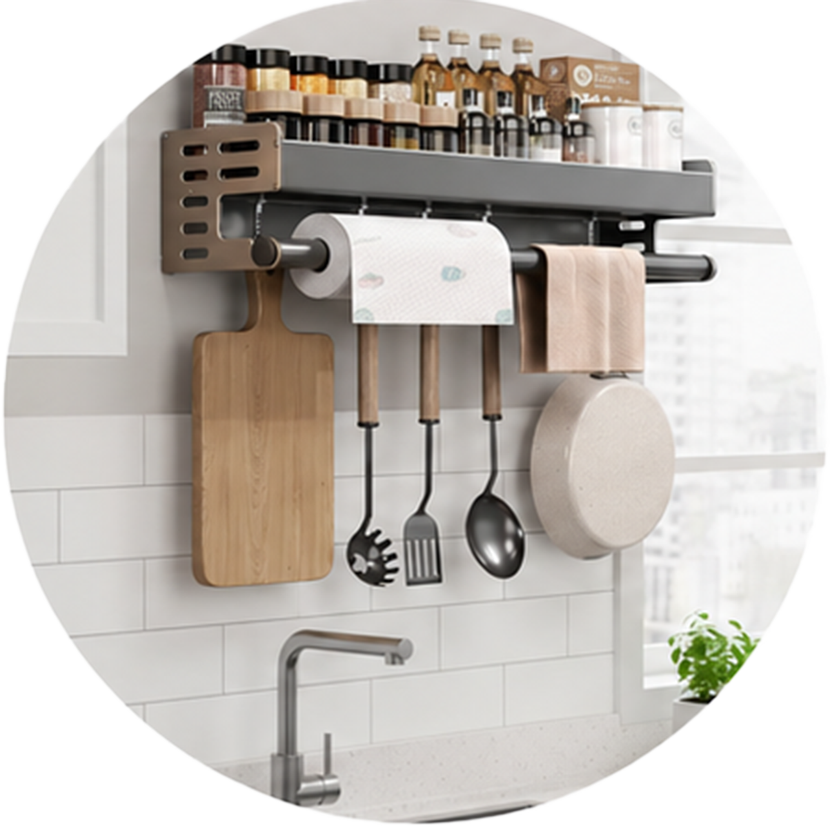 Wall-mounted kitchen organizer with spice rack, paper towel holder, utensil hooks and cookware storage for maximizing kitchen space