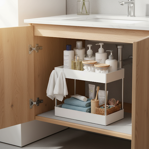 White under sink storage organizer for bathroom cabinets, organizing toiletries, towels, skincare products and daily essentials